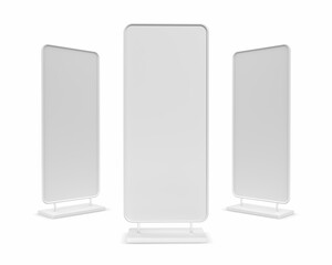 Advertising banner stand isolated on white background. Advertising stand board for menu, ad or announcement. 3D rendered.