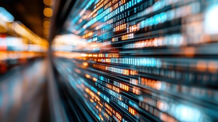 This image captures a dynamic flow of binary code with vibrant colors symbolizing data streaming, technology, speed, and futuristic digital communication.