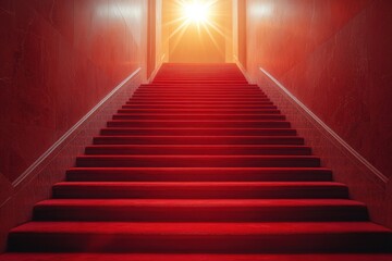 Fototapeta premium Red carpet on the stairs on a dark background. The path to glory, victory and success