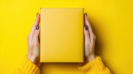 Two hands are seen holding a bright yellow gift box against a matching yellow background, encapsulating themes of celebration, surprise, and joyful giving.