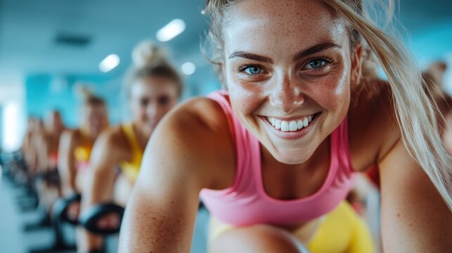 A close-up shot of an enthusiastic woman in pink workout attire, smiling confidently during a spinning class. Many people are exercising energetically in the background.