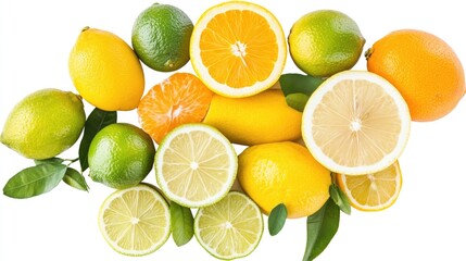 A colorful mix of citrus fruits including lemons, limes, and oranges, each piece vividly