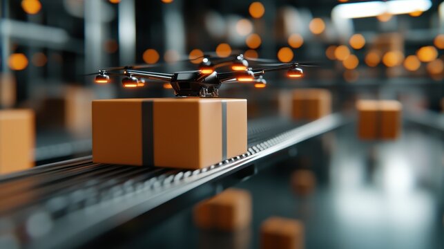 A drone precisely navigates a dimly lit warehouse aisle while securely carrying a neatly packaged delivery box, illustrating the future of shipping and logistics.