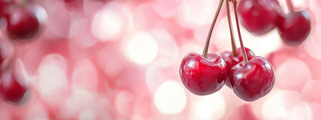 Juicy cherries hanging against a soft pink background, exuding freshness and flavor. © Pink Badger