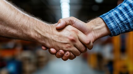 A detailed view of a handshake between two people in a warehouse, signifying partnership, trust, and collaboration within an industrial or business context.