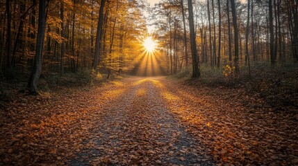 Fototapeta premium A forest path covered in autumn leaves, with golden sunlight streaming through the trees, capturing the magic of fall in a peaceful world.