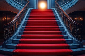 Fototapeta premium Red carpet on the stairs on a dark background. The path to glory, victory and success
