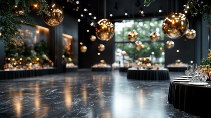 A luxurious event hall is beautifully decorated with golden ornaments and round tables, creating an enchanting atmosphere perfect for celebrations or gatherings.