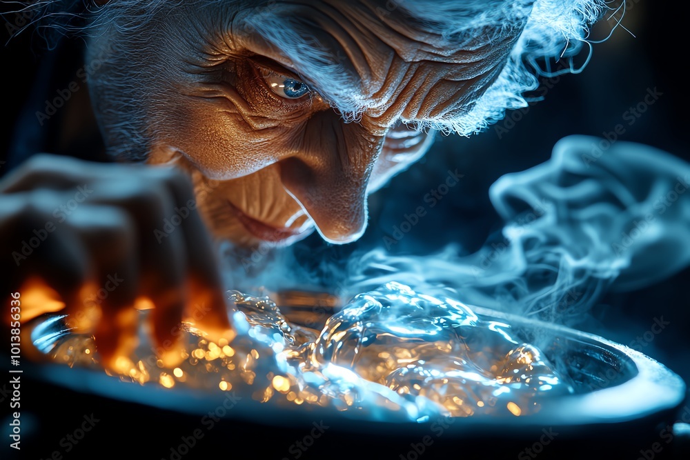 Poster hyper-detailed image of a witch stirring a cauldron, with swirling smoke and glowing potions casting