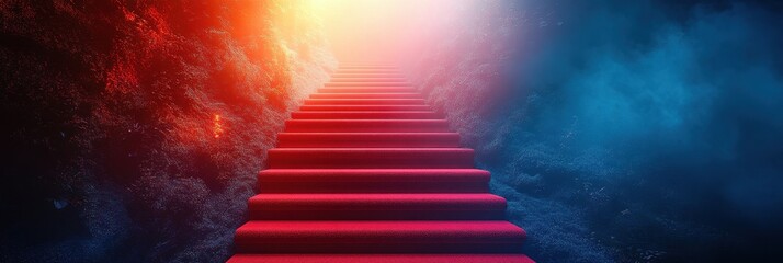 Red carpet on the stairs on a dark background. The path to glory, victory and success