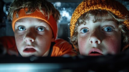 The image captures two young children wearing orange beanies, their eyes wide open in amazement, as they gaze intently at something in front of them.