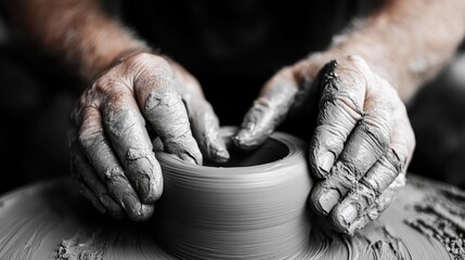 A stunning monochrome capture of hands shaping a clay vessel on a wheel, symbolizing the mastery and dedication of skilled artisans in ceramic craft.