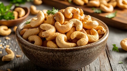 Fototapeta premium Homemade roasted salted cashews served in a bowl, showcasing their golden-brown color, crispy texture, and savory appeal, set on a natural wooden surface
