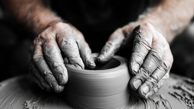 A stunning monochrome capture of hands shaping a clay vessel on a wheel, symbolizing the mastery and dedication of skilled artisans in ceramic craft.
