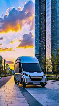A futuristic delivery truck parked in an urban setting at sunset.