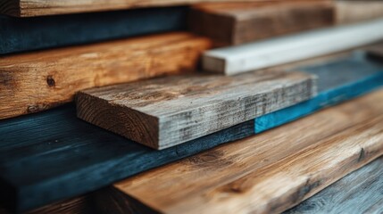 Assorted colored wooden planks arranged to exhibit their textured beauty, combining elements of vibrant color with rustic natural charm, in a modern setting.