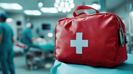 A red emergency medical kit with a white cross prominently displayed in a hospital surgery room, symbolizing preparedness and readiness for medical situations.