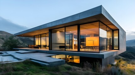 Fototapeta premium Modern glass-walled home with scenic mountain views, showcasing a luxurious and open living space that blends indoor and outdoor environments.