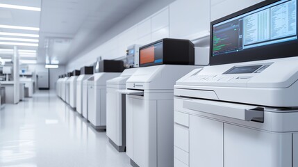 Modern printing machines in a bright, high-tech workspace, showcasing advanced technology and efficiency.