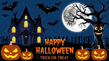 Fototapeta premium A spooky Halloween night scene featuring a haunted house, glowing pumpkins, bats, and a full moon illuminating the graveyard backdrop