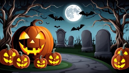 A spooky Halloween night scene featuring jack-o'-lanterns, a full moon, bats, and gravestones in a dark forest setting