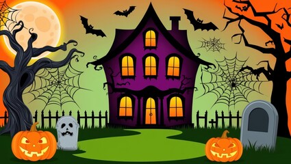Fototapeta premium A spooky Halloween night with a haunted house, glowing pumpkins, and eerie bats under a full moon