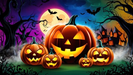 Colorful Halloween night with pumpkins, bats, and a haunted house under a full moon