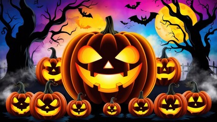 Halloween pumpkin display featuring carved faces, bats, and a vibrant sky during twilight hours