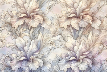 Beautiful blooming toffee flowers painted on light grey background, wallpaper pattern