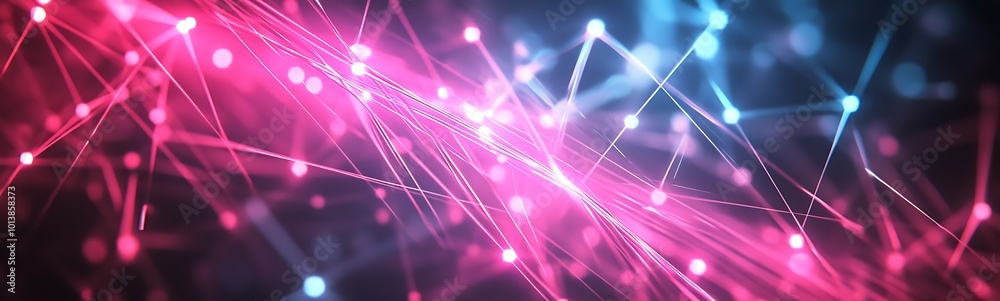 Poster A vibrant abstract design featuring interconnected lines and nodes in pink and blue hues, symbolizing technology and data flow.
