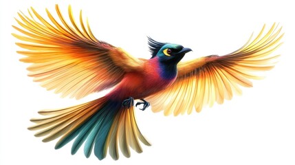 Obraz premium A realistic image of a brightly colored tropical bird with outstretched wings