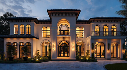 Obraz premium A wide-angle shot of the front view exterior design of an ultra-luxurious mansion with modern and classic architecture.