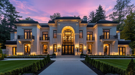 Obraz premium A wide-angle shot of the front view exterior design of an ultra-luxurious mansion with modern and classic architecture.