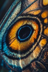 Macro photography of a butterfly wing with intricate patterns and vibrant colors