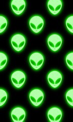 Halloween cartoon background. Green alien icon on black background. Alien cartoon character. Area 51. 