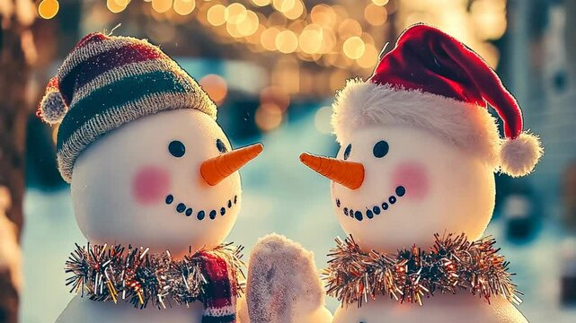 Two cheerful snowmen with carrot noses and Christmas hats stand outdoors, adorned with tinsel garlands. The warm evening glow and festive lights in the background suggest a joyful holiday atmosphere.