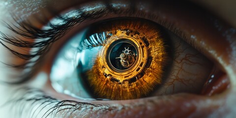 An image of an eye with a clock mechanism in the pupil in an abstract style. Gold and blue hues emphasize themes of time, precision, and mechanical thinking, symbolizing structure and order.