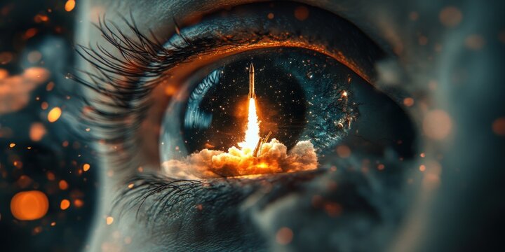 An image of an eye reflecting a launching rocket. Orange and blue hues emphasize themes of space exploration and ambition, symbolizing technological progress and the quest for new discoveries.