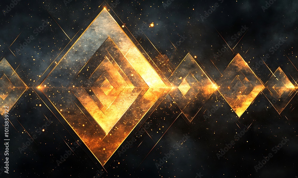 Poster A mesmerizing pattern of golden diamonds glows against a dark background, creating a stunning visual effect with sparkling elements.