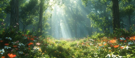 Fototapeta premium Misty morning sunbeams dance through the ancient forest, casting a golden glow on the verdant landscape