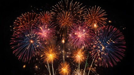 Fototapeta premium A sky filled with colorful bursts of firecrackers, set against a plain black background, capturing the excitement and festivity of Diwali night.