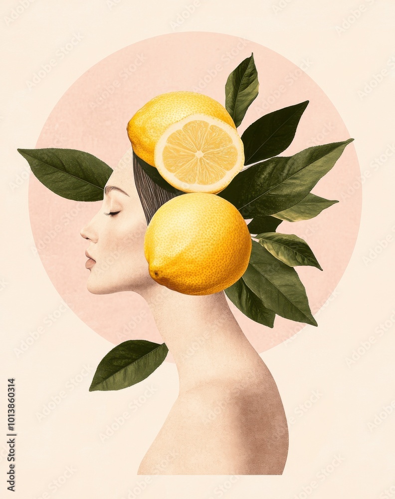 Wall mural minimal and mystical illustration with surreal elements, featuring yellow lemon flowers