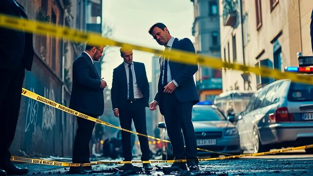 Four male detectives in suits examine a crime scene on an urban street. The scene is cordoned off with yellow forensic tape. It's daytime, and the mood is tense as they discuss evidence. The image