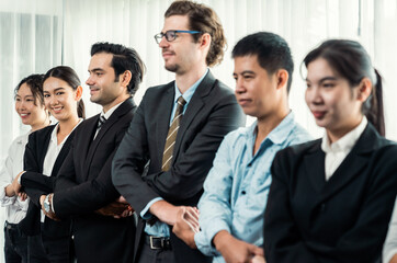 Modern diversity and multicultural company, business people joining hand together and standing in line, shared commitment to collaboration and cooperation concept background. Meticulous