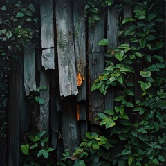Wooden planks covered in vibrant green ivy, creating a harmonious blend of nature and texture.