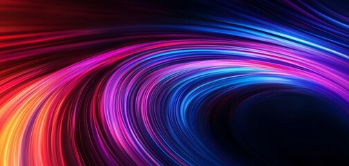 Vibrant neon light trails swirling into a tunnel, dynamic abstract motion, futuristic energy flow in red, blue, and purple hues