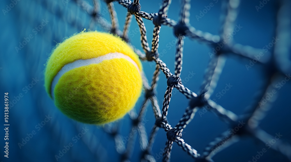 Wall mural a bright yellow tennis ball suspended in a net against a blue background. this close-up shot capture