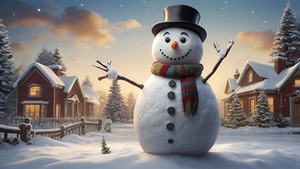 Obraz premium A cheerful snowman with a top hat, scarf, and stick arms, standing in a snowy yard with children playing around, placed on a plain winter sky background, capturing the playful spirit of Christmas.