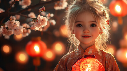 Naklejka premium Little girl holding a lantern, radiating joy in a festive atmosphere, celebrating cultural traditions with a warm and cheerful expression.