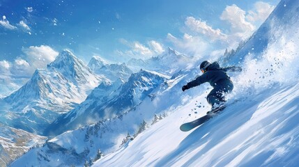 A snowboarder carving through fresh powder on a snowy mountain slope, kicking up snow behind them with a blue sky and distant peaks in the background.